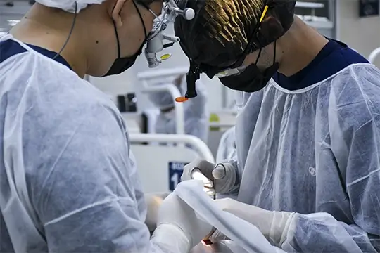Profissionais utilizando equipamentos de amplia&ccedil;&atilde;o durante procedimento odontol&oacute;gico