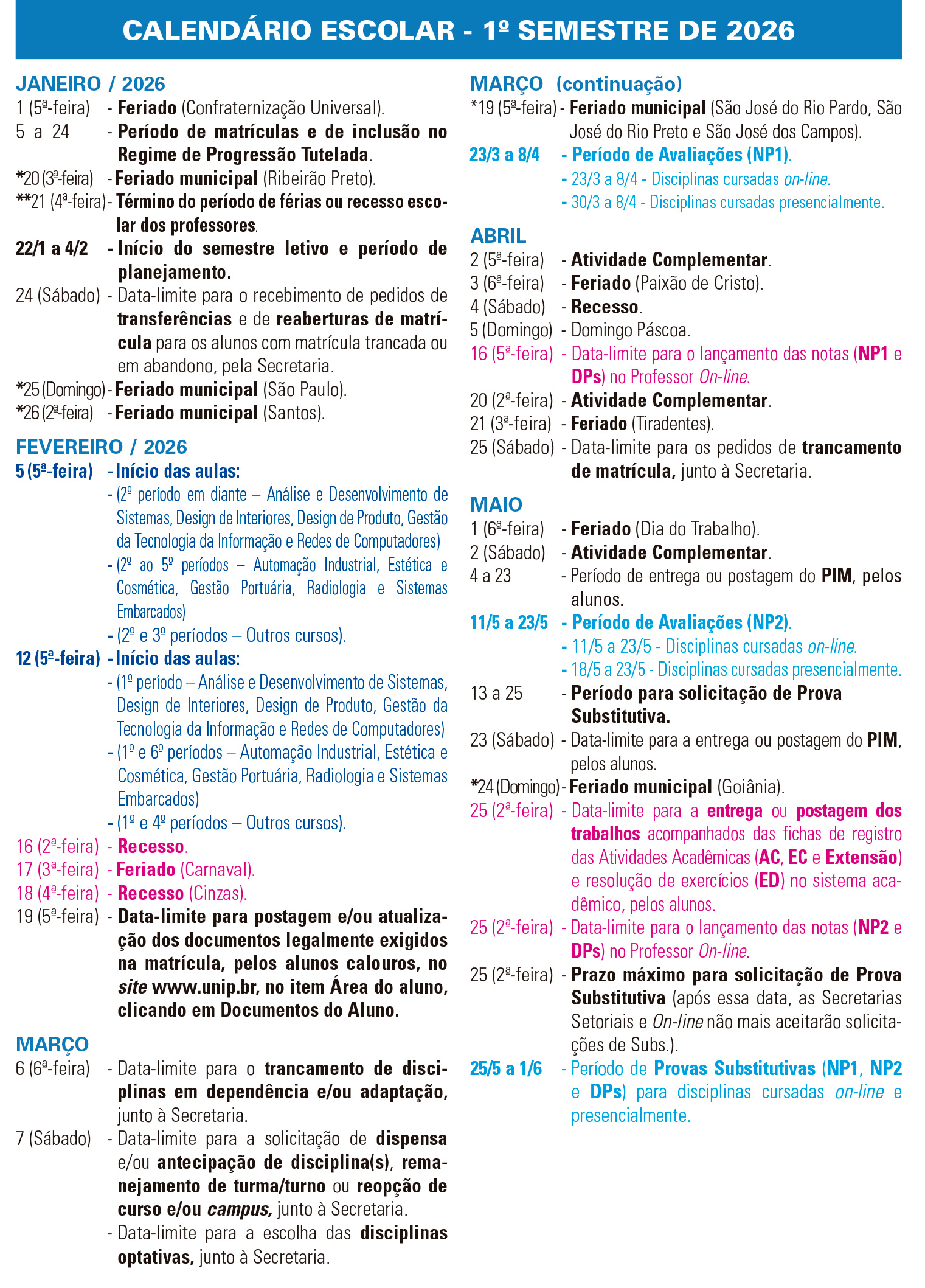 Calend&aacute;rio 2026/1 - De janeiro a junho de 2026