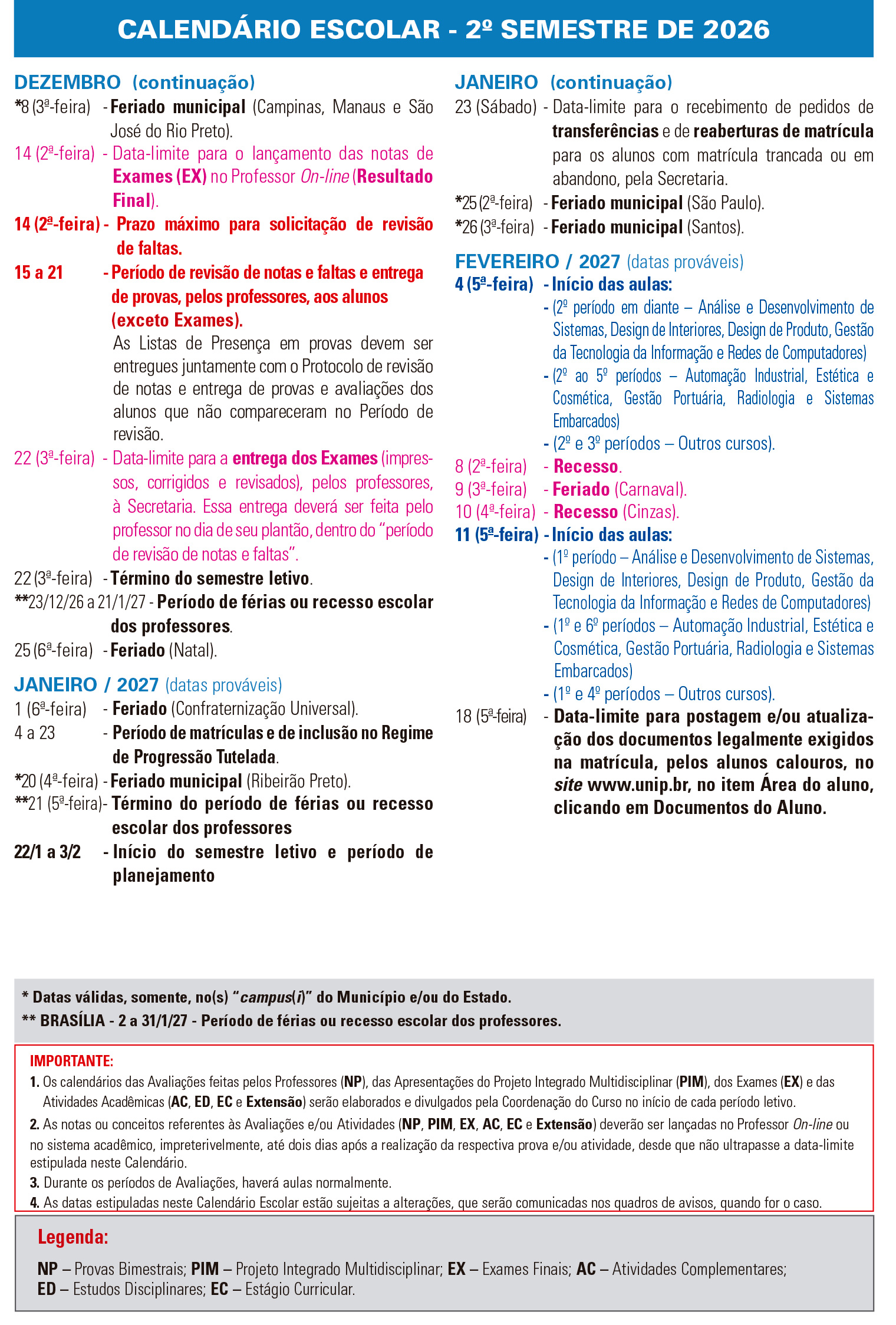 Calend&aacute;rio 2026/2 - De dezembro de 2026 a fevereiro de 2026